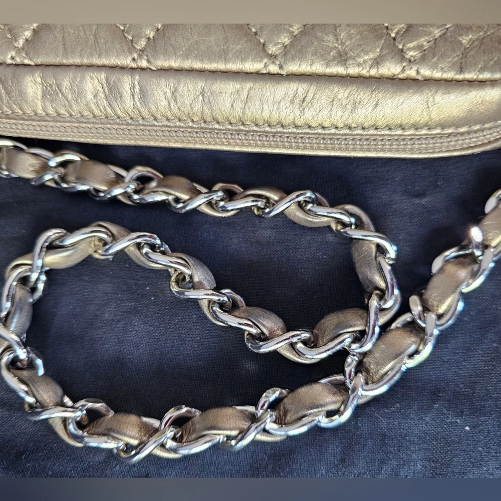 Chanel Vintage Metallic Aged Calfskin Quilted Cotton Club Pochette in Gold - Picture 8 of 16